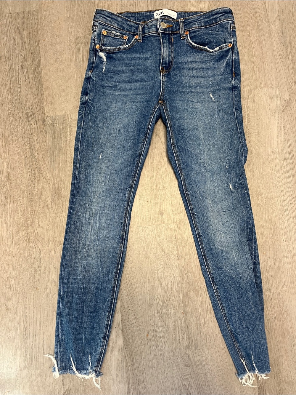 Zara Blue Skinny Jeans with Distressed Hem